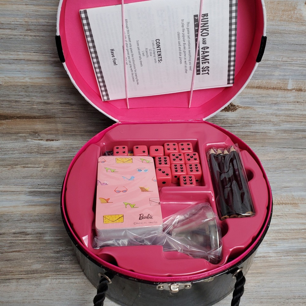 Barbie 45th Anniversary Bunko and Game Set Hallmark Pink Dice Cards Hat Box Case